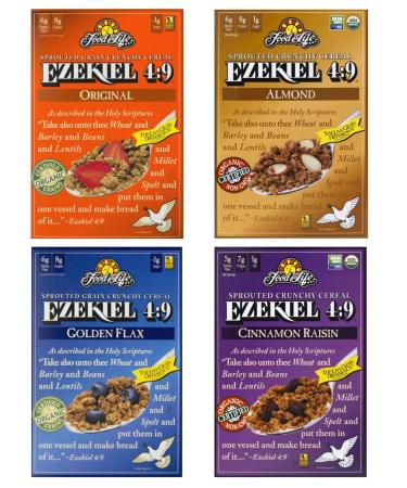 Food For Life Ezekiel 4:9 Organic Sprouted Whole Grain Cereal Variety Pack Original Cinnamon Raisin Golden Flax And Almond 16oz (4 Pack) In Sanisco Packaging