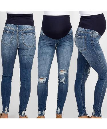 Spritumn-Home Maternity Jeans for UK Pregnant Women | Skinny Slim Fit Ripped Jeans Over The Bump | Vintage Stretch Denim Leggings | Solid Blue Maternity Trousers - Buy Online on SooperMarket.com