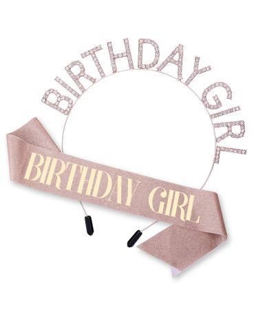 WLLHYF Birthday Crown for Women  Birthday Girl Headband Rose-Gold Rhinestone Hair Band Birthday Sash and Tiara Crystal Crown Headband for Women Girl Birthday Accessories Party Decorations