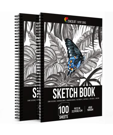 ZENACOLOR - Professional 200 Sheets Sketch Book 9"x12" with Spiral Bound and Hardback Cover - Pack of 2 - White Acid-Free Drawing Paper (100 g)