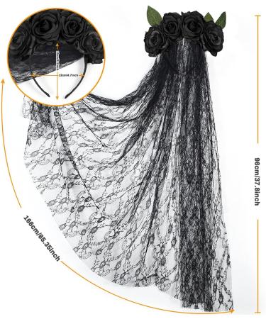 E-More Halloween Headband with Black Lace Veil Elastic Rose Flower Hair Band Black Roses Mesh Lace Hair Accessories Halloween Ghost Bride Party Headdress for Girls Ladies Women - Buy Online on SooperMarket.com