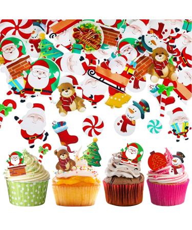 60Pcs Christmas Cake Decorations Edible Cupcake Toppers Santa Claus Snowman Reindeer Elf Christmas Tree Christmas Wreath Gingerbread Christmas Cupcake Topper Wrappers For Xmas Party Supplies Multicolour
