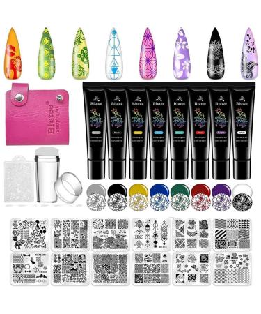 BIEUTEE NAGEL Stamping Set 8 Colors Stamping Gel+12 PCs Nagel Stamping Blone Platte+1 PCs Nail Art Stamper Nail Stamp Set UV Stamping Gel Plate Set Black