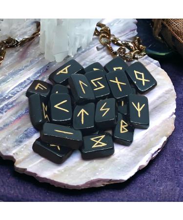 Black Tourmaline Runes Crystal Rune Stones Set Elder futhark Viking Gemstone Reiki Healing Golden Engraved Runic Alphabets (Black Tourmaline) - Buy Online on SooperMarket.com