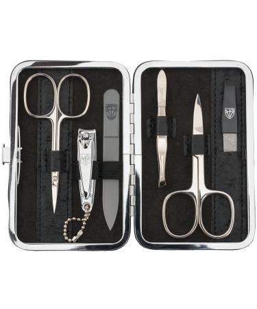 Three swords - germany 6 pcs.Manicureset 'Genova' |Set Nageletui made of synthetic leather black Straussimitation |Contents: nail scissors skin scissors nail clippers glass nail files tweezers sapphire nail files black / ide