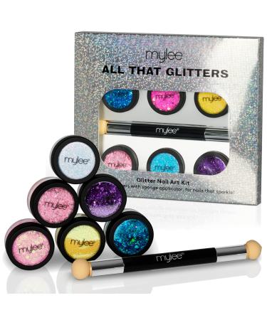 MYGEL by Mylee All That Glitters Glitter Kit - Club Tropicana - 6X Nail Glitter Jars + Sponge Applicator - DIY Nail Decoration Sequins Powder Holographic Dust Powder - Ideal for Nail Art & Crafts