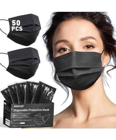 Black Disposable Face Masks, Individually Wrapped Black Face Masks for Women, Disposable Face Mask for Men, Breathable Comfortable Cool Dust Mask with Nose Wire Ear Loop for Adults Teen Girls Working Out, 3 Ply 50PCS