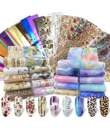 100 Sheets Nail Foil Transfer Sticker Kit, Bagvhandbagro Nail Art Decals Nail Foil Tips Starry Sky Laser Flower Leopard Print Transfer Foils Stickers DIY Nail Art Decorations Nail Supplies Nail Design