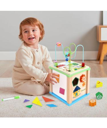 6-in-1 Wooden Motor Cube Activity Center for Toddlers - Pearl Labyrinth & Shape Sorting Toy for Kids Age 1-3 - Buy Online on SooperMarket.com