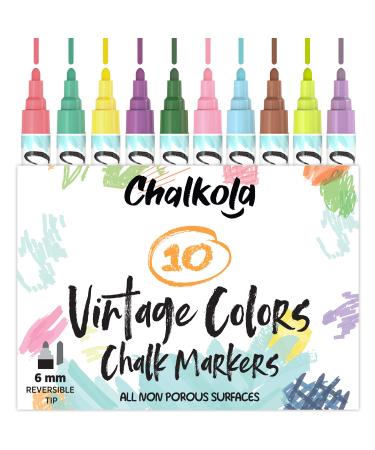 Chalkola Liquid Chalk Markers for Chalkboard, Blackboard, Window, Bistro, Car Glass, Board, Mirror (10 Vintage Colors) - Wet Wipe Erasable Chalk Pens Paint Ink - 6mm Reversible Tip Chalkboard Markers Bold Tip - 6mm
