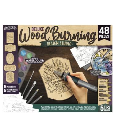 ArtSkills Wood Burning Kit for Beginners - Deluxe Pyrography Wood Engraving Art Kit with Burner Pen, Stencils, Watercolor Paints - 48 Piece DIY Woodburning Tool Kit for Adults and Kids