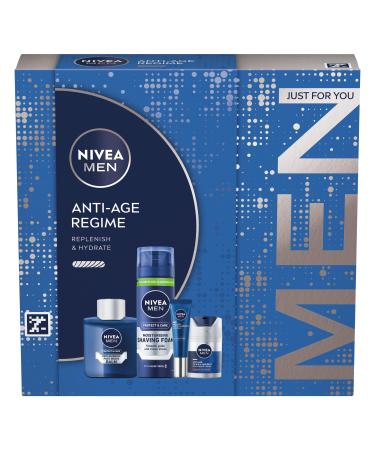 NIVEA MEN Anti Age Regime Gift Set (4 Products) Men's Anti Wrinkle Skincare Gift Set with Shaving Foam Post Shave Balm Face Moisturising Day Cream and Eye Cream