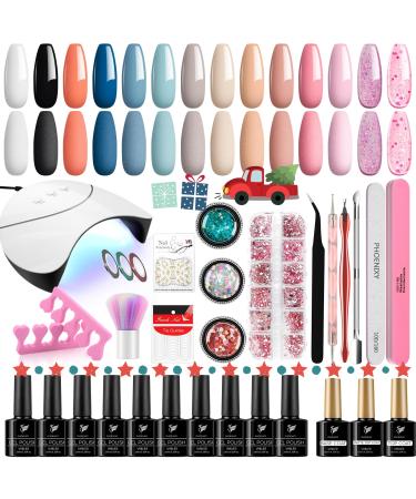 Gel Nail Polish Set with 36W UV/LED Nail lamp Phoenixy 14+3pcs Gel Nail Polish Starter kit Blue Pink Soak off Nail Polish Gel Glossy Matte Base Top Coat Manicure Tools Gel Nail Gift Set for Women 17pcs-Azure Fantasy