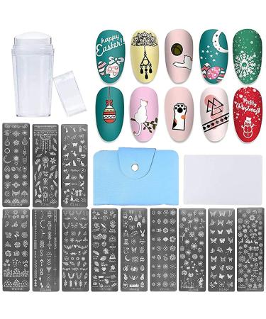 NICENEEDED 12Pcs Nail Art Stamping Plates & 1 Nail Stamper & 1 Nail Scraper & 20 Slots Nail Stamping Plate Holder Case Animal Flowers Cat Geometric Patterns Nail Printing Plate Templates