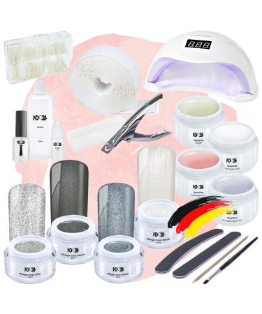 ND24 NAILDESIGN-Gelnail starter set Premium with LED adhesive gel assembly gel French gel sealing gel sealing gel LED lamp & accessories-20-part complete set for beginners-LED gel Made in Germany Starter Set Premium + Pearl & Shine GELE