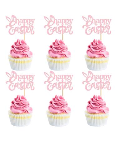 Cyodoos 24 PCS Easter Happy Cupcake Toppers Pink Rabbit Cross Egg Easter Cupcake Toppers Selection Easter Rabbit Theme Cake Decoration Happy Birthday Party Decoration Supplies Light Pink2