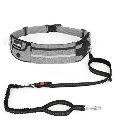 Pecute Hands-Free Dog Running Leads Adjustable Dog Walking Belt with Pockets & Poo Bag Holder Durable 2 Handles & Reflective Jogging Bungee Lead for Small to Medium Dogs Grey-M