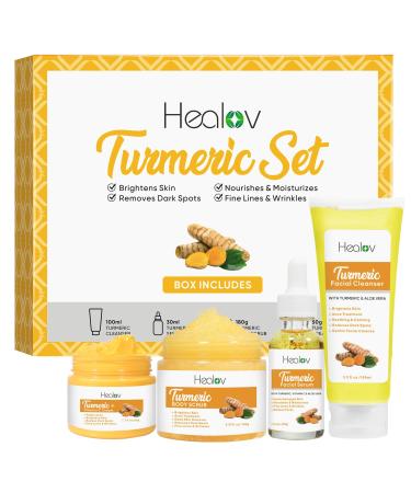 Turmeric Skincare Set - Turmeric Skin Care Products Brightening & Acne - Turmeric Skin Care Kit Turmeric Skin Care Set - Turmeric Cleanser Body Scrub Face Cream & Facial Serum
