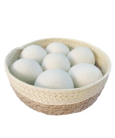 Wool Dryer Balls 7-Pack-XL Size Reusable Natural Fabric Softener for Laundry 100% Organic Wool Baby Safe Replaces Dryer Sheets Comes with a Woven Organiser Basket Made of Cattail Grass