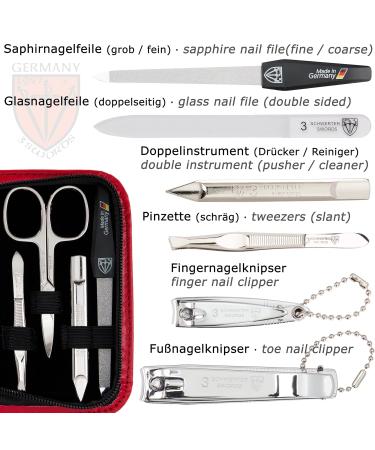 Three Swords 8 pcs Manicure Set 'Roma' | Premium Nail Care in Red Synthetic Leather Case | Scissors Clippers Tweezers & Glass Nail Files - Buy Online on SooperMarket.com