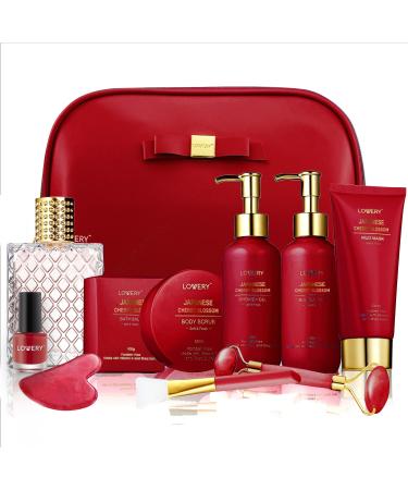 Valentines Gifts for Women Japanese Cherry Blossom Spa Gift Basket for Women - Self Care Kit Bath Set with Shower Gel Bubble Bath Perfume Gua Sha - Birthday Gift Set for Women Mom Mother's Day