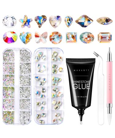 Makartt Rhinestone Glue Kit Strong Adhesive Gel Nail Glue with Dotting Wax Pen Nail Crystal Rhinestone Tweezer Nail Gem Glue Nail Glue Gel with Rhinestones Crystal Stones Jewels 5pcs(02)