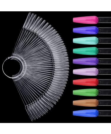 2 Sets 100 Tips Coffin Ballerina Fan Shape Plastic Nail Art Tips Display Polish Board Display Practice Sticks with Metal Split Ring Holder,NT080 (Clear)