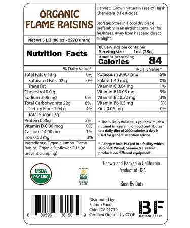 Organic Jumbo Flame Raisins Seedless - No Added Sugar, Non GMO, Vegan, Pesticide Free, Unsulfured - 3LB Bulk Pack by Baltoro Foods - Buy Online on SooperMarket.com