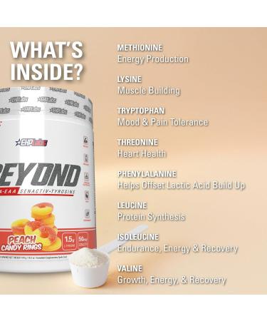EHP Labs Beyond BCAA Powder Amino Acids Supplement for Muscle Recovery - 8g of Sugar Free BCAAs Amino Acids Post Workout Recovery Powder & 10g of EAA Amino Acids Powder - 60 Servings (Peach Candy Ring) Peach Candy Rings - Buy Online on SooperMarket.com