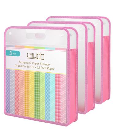 Caydo Scrapbook Paper Storage Organizer  Pink Expanding Paper Folio for 12 x 12 Sheets  Scrapbook Paper Storage with Transparent Portable Handle for Holding Scrapbook  Vinyl Paper  Cardstock