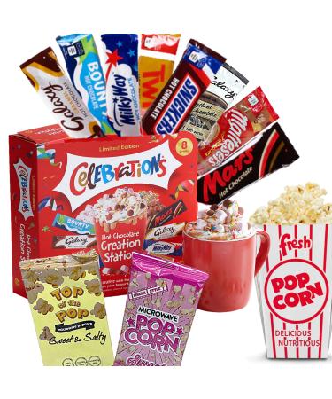 Movie Night Hamper - Celebrations Hot Chocolate Gift Set with Microwave Popcorn - 8 Hot Chocolate Sachets & 3 Hot Chocolate Toppings - Snack Hamper Movie Night Box