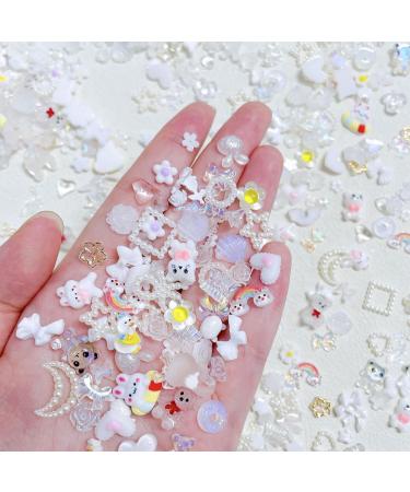 3D Nail Charms 200 Pcs Flower Bow Heart Bear Nail Art Charms Nail Rhinestones Cute Shell Rabbit Nail Art Decorations for Women Girls Nail Design DIY Craft Jewelry Making (White A)