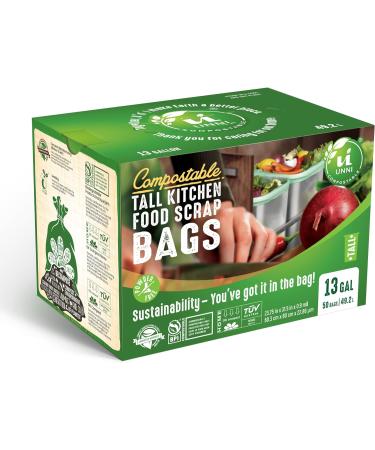 UNNI 100 Compostable Bags 13 Gallon 49.2 Liter 50 Count Heavy Duty 0.85 Mil Tall Kitchen Food Scrap Waste Bags ASTM D6400 EN 13432 US BPI and Europe OK Compost Home Certified San Francisco 13 Gallon 50 Count (Pac