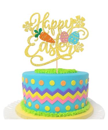 1 Pack Happy Easter Cake Topper Glitter Carrot Colorful Eggs Easter Cake Pick for Bunny Easter Theme Party Baby Shower Kids Birthday Cake Decoration Party Supplies Gold 14-gold