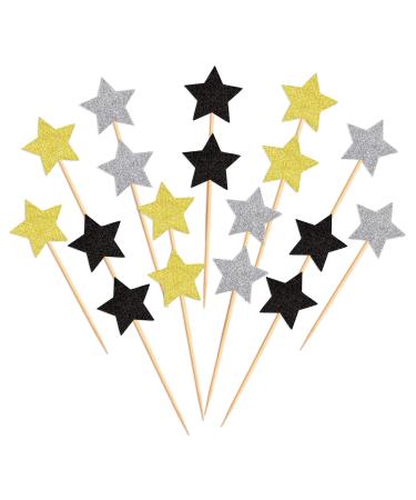 120 Pcs Star Cupcake Toppers Happy New Year Glitter Black Gold and Silver Star Cake Topper Picks Toothpick Toppers New Year Photo Props for New Year Party Supplies (Star)