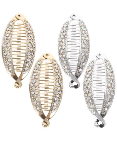 LEORX Banana Fish Hair Clip Rhinestones Ponytail Hair Comb Hair Barrettes Rhinestone Locking Hair Clip for Women 4pcs (Gold Silver)