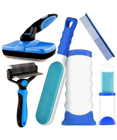 Pet Hair Remover Brush,2 in 1 Deshedding Brush and Undercoat Rake, Self Cleaning Slicker Brush Bundle, Dog and Cat Brush Grooming Bundle, Dog and Cat Stainless Steel Teeth Comb for Long Medium Short Hair Blue