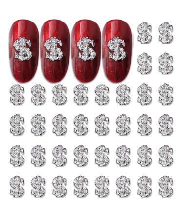 RUNRAYAY 40Pcs 3D Dollar Sign Nail Art Charms with Rhinestones Silver Nail Studs Diamonds for Nail Art Accessories Retro Nail Jewelry Decoration for DIY Crafts Nail Decor