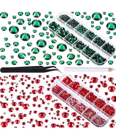 TecUnite 4000 Pieces Glass Flatback Gemstones Round Flat Back Rhinestones 6 Sizes 1.5 mm-6 mm in Box with Tweezer and Rhinestones Picking Pen for Nail Face Art (Peacock Green and Red)