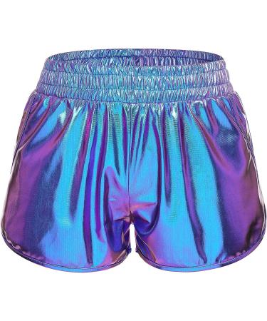 Women Metallic Shiny Shorts | Sparkly Hot Dance Bottoms for Rave & Music Festivals | Large Blue with Sunglasses - Buy Online on SooperMarket.com
