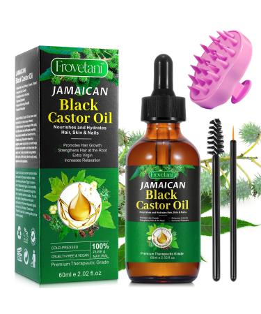 Jamaican Black Castor Oil with Scalp Massager 100% Pure Organic Castor Oil for Hair Growth Press Unrefined Thicker Eyelashes and Eyebrows Massage Oil for Aromatherapy 60M