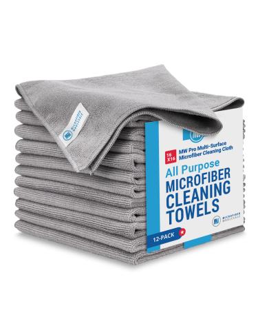 MW Pro Microfiber Cleaning Cloths (12 Pack) | Size 16" x 16"| All Purpose Microfiber Towels - Clean, Dust, Polish, Scrub, Absorbent (Gray) Gray 12 Count (Pack of 1)