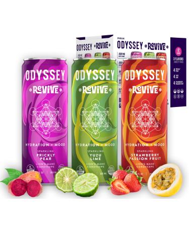 Odyssey Revive Sparkling Hydration Drink w/L Theanine Lions Mane Cordyceps and Electrolytes Caffeine Free Natural Energy Drinks Vegan Non-GMO 12 Fl oz Variety Pack 12 Cans