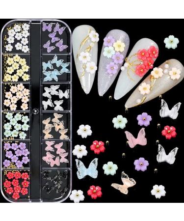 RUNRAYAY 3D Flowers & Butterfly Nail Charms Nail Studs for Acrylic Nails with Golden Caviar Beads Nail Art Diamonds for Women DIY Nail Rhinestones