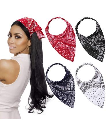 Syhood 4 Pieces Elastic Hair Scarf Headband Print Vintage Turban Hair Scarves Headwrap Triangle Kerchief Head Scarf Hair Bandanas for Women Girls