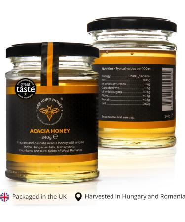 Bee HURO Honey Raw Acacia Honey - 100% Pure Honey Raw Unpasteurized with No Added Sugar or Preservatives - 340g - Buy Online on SooperMarket.com