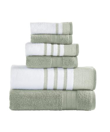 Modern Threads 6 Piece Set, 2 Bath Towels, 2 Hand Towels, 2 Washcloths, Quick Dry White/Contrast Reinhart Sage