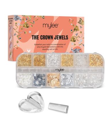 Mylee Crown Jewels Nail Art Kit 12-Piece Set with Silver & Gold Decorations Metal Rhinestones Studs for Gel Acrylic & Natural Nails Curving Tool for Professional and Beginner Manicures