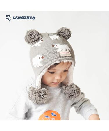 LANGZHEN Infant Winter Hat Earflap Knit Fleece Lined Beanie for Boys Girls 6-12 Months - Navy Stripe + Grey - Buy Online on SooperMarket.com