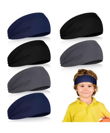 6 Pcs Kids Boys Headbands Athletic Sweatbands Boys Headbands for Kids Children Headbands Football Headband Youth Kids Sweat Bands Sweat Absorbing Elastic Hairband Black, Dark Gray, Navy Blue